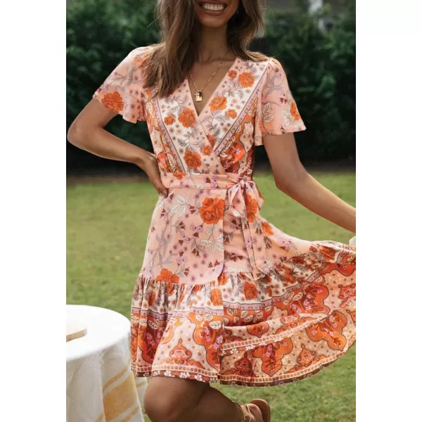 imageZESICA Womens 2023 Summer Wrap V Neck Bohemian Floral Print Ruffle Swing A Line Beach Mini DressPeach