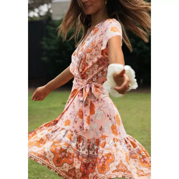 imageZESICA Womens 2023 Summer Wrap V Neck Bohemian Floral Print Ruffle Swing A Line Beach Mini DressPeach