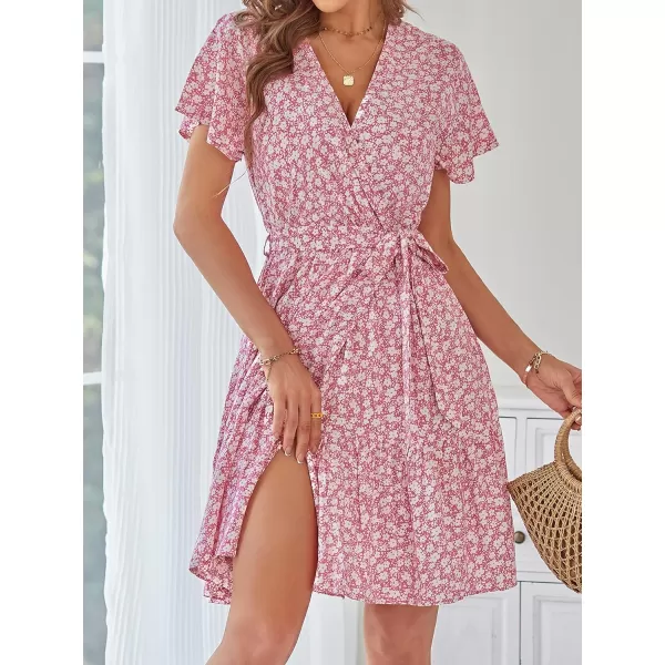 imageZESICA Womens 2023 Summer Wrap V Neck Bohemian Floral Print Ruffle Swing A Line Beach Mini DressPink