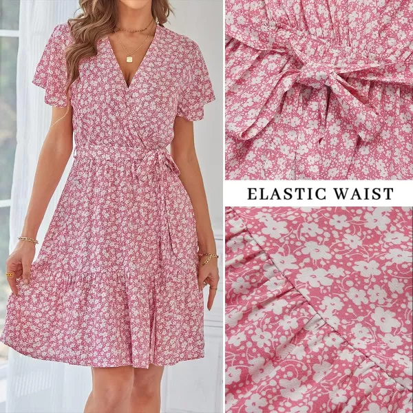 imageZESICA Womens 2023 Summer Wrap V Neck Bohemian Floral Print Ruffle Swing A Line Beach Mini DressPink