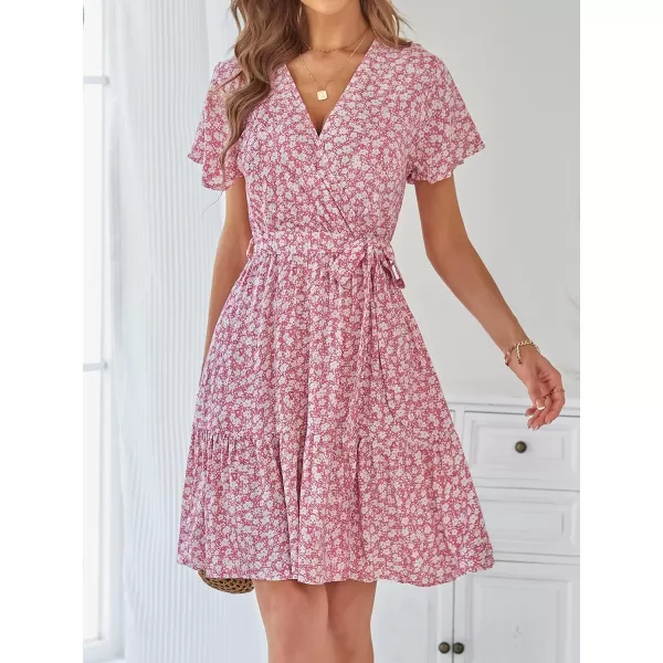 imageZESICA Womens 2023 Summer Wrap V Neck Bohemian Floral Print Ruffle Swing A Line Beach Mini DressPink