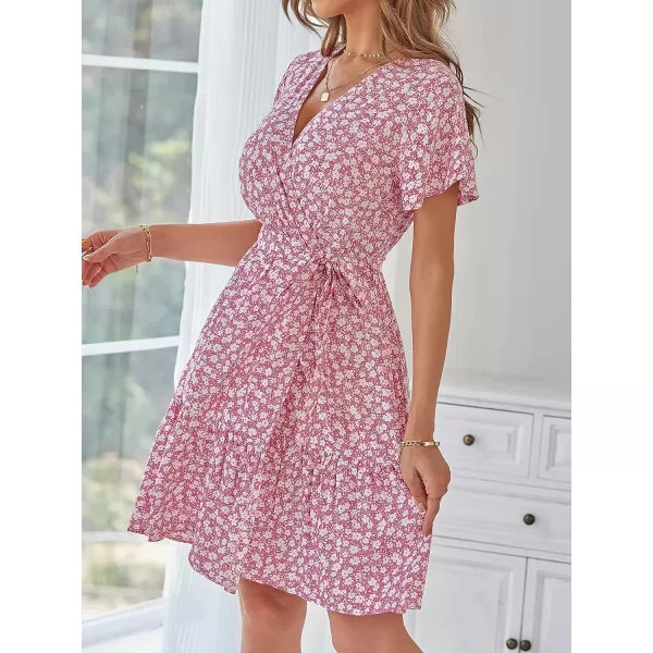 imageZESICA Womens 2023 Summer Wrap V Neck Bohemian Floral Print Ruffle Swing A Line Beach Mini DressPink