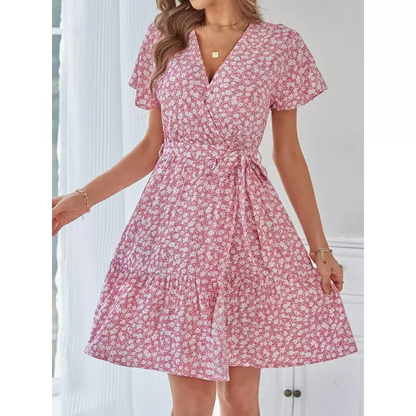 imageZESICA Womens 2023 Summer Wrap V Neck Bohemian Floral Print Ruffle Swing A Line Beach Mini DressPink