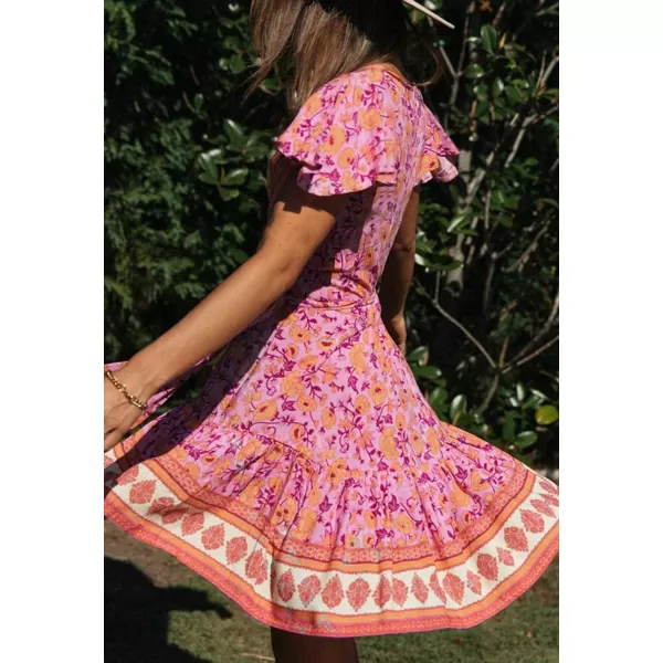 imageZESICA Womens 2023 Summer Wrap V Neck Bohemian Floral Print Ruffle Swing A Line Beach Mini DressPinkpurple
