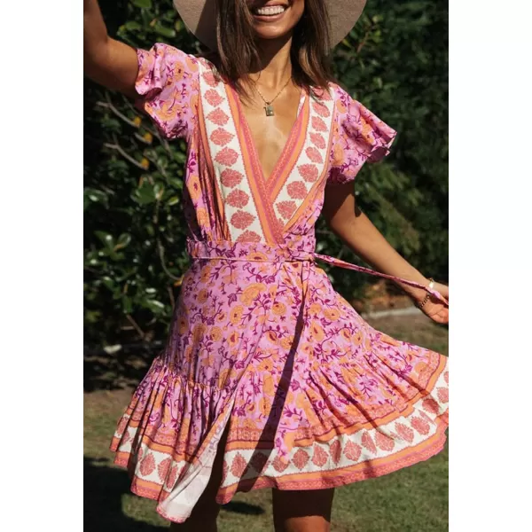 imageZESICA Womens 2023 Summer Wrap V Neck Bohemian Floral Print Ruffle Swing A Line Beach Mini DressPinkpurple