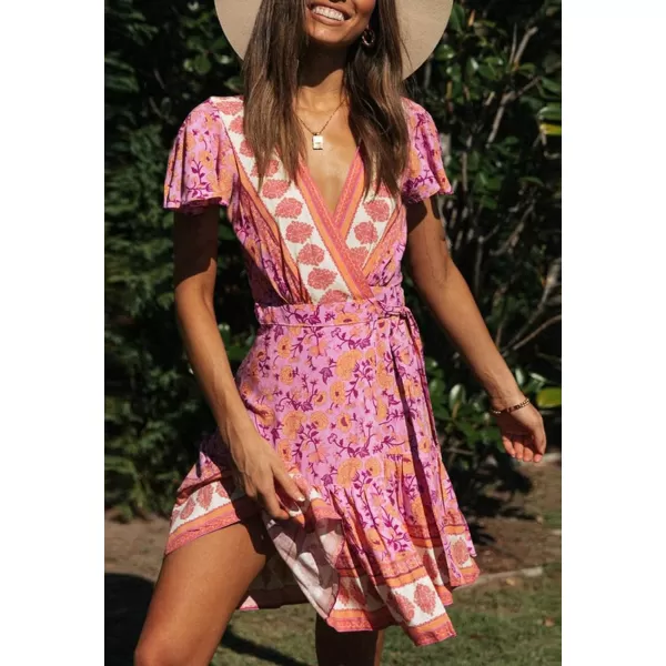 imageZESICA Womens 2023 Summer Wrap V Neck Bohemian Floral Print Ruffle Swing A Line Beach Mini DressPinkpurple