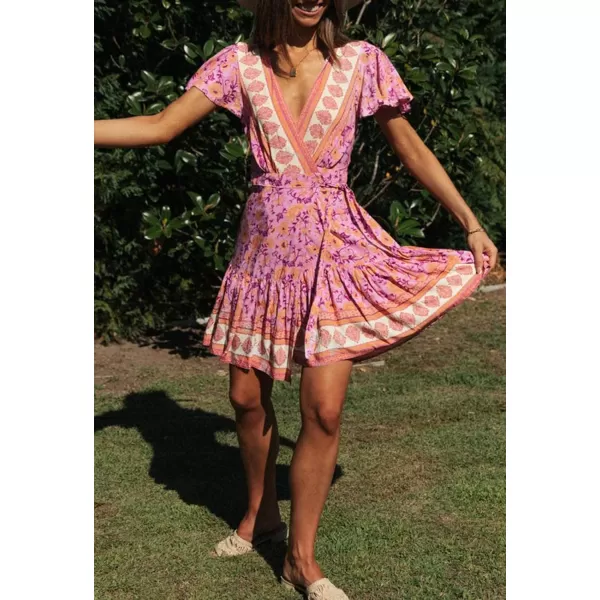 imageZESICA Womens 2023 Summer Wrap V Neck Bohemian Floral Print Ruffle Swing A Line Beach Mini DressPinkpurple
