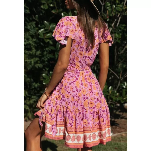 imageZESICA Womens 2023 Summer Wrap V Neck Bohemian Floral Print Ruffle Swing A Line Beach Mini DressPinkpurple