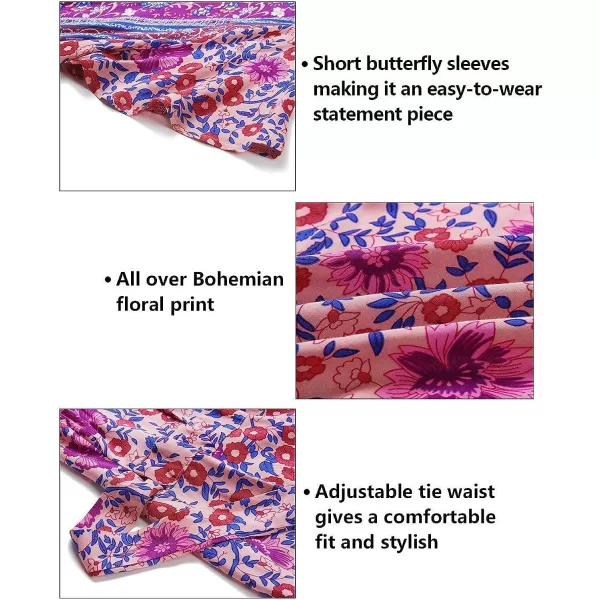 imageZESICA Womens 2023 Summer Wrap V Neck Bohemian Floral Print Ruffle Swing A Line Beach Mini DressPurple