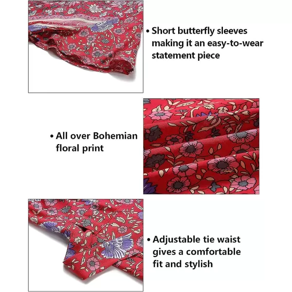 imageZESICA Womens 2023 Summer Wrap V Neck Bohemian Floral Print Ruffle Swing A Line Beach Mini DressRed