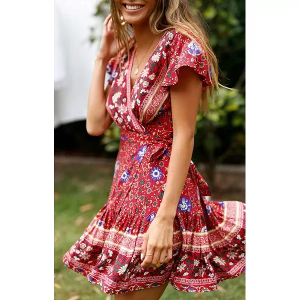 imageZESICA Womens 2023 Summer Wrap V Neck Bohemian Floral Print Ruffle Swing A Line Beach Mini DressRed