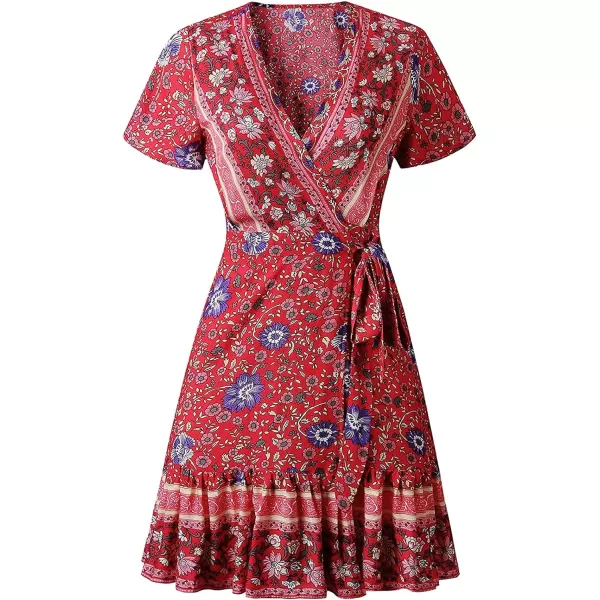 imageZESICA Womens 2023 Summer Wrap V Neck Bohemian Floral Print Ruffle Swing A Line Beach Mini DressRed