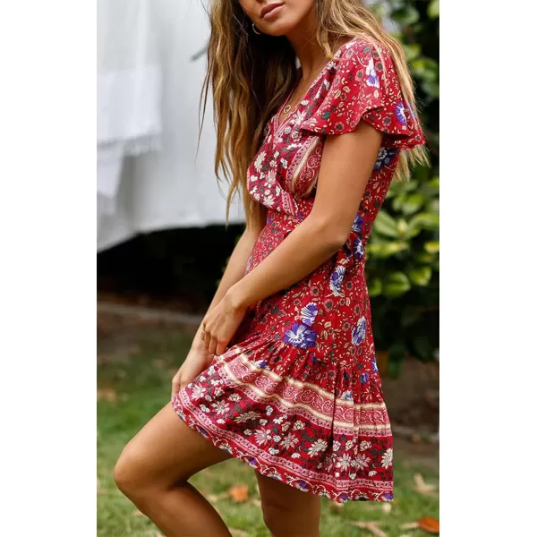 imageZESICA Womens 2023 Summer Wrap V Neck Bohemian Floral Print Ruffle Swing A Line Beach Mini DressRed