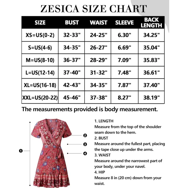 imageZESICA Womens 2023 Summer Wrap V Neck Bohemian Floral Print Ruffle Swing A Line Beach Mini DressRed