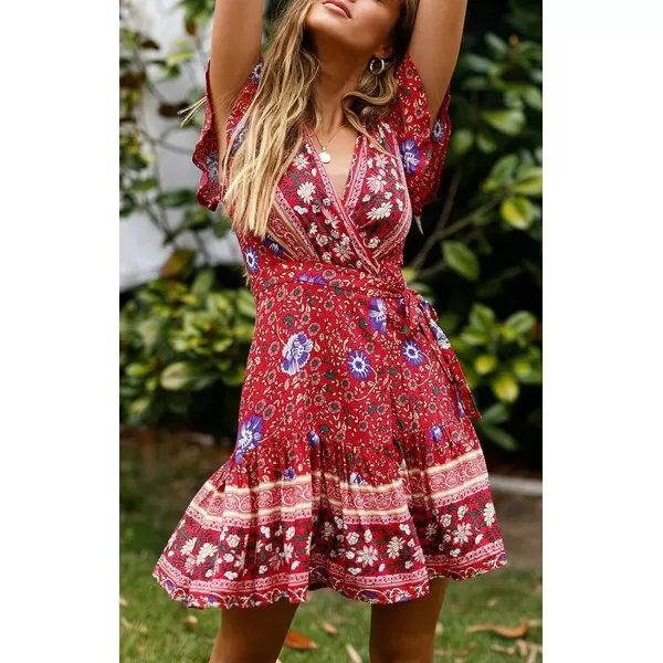 imageZESICA Womens 2023 Summer Wrap V Neck Bohemian Floral Print Ruffle Swing A Line Beach Mini DressRed