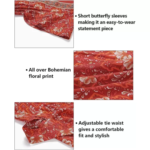 imageZESICA Womens 2023 Summer Wrap V Neck Bohemian Floral Print Ruffle Swing A Line Beach Mini DressRed2