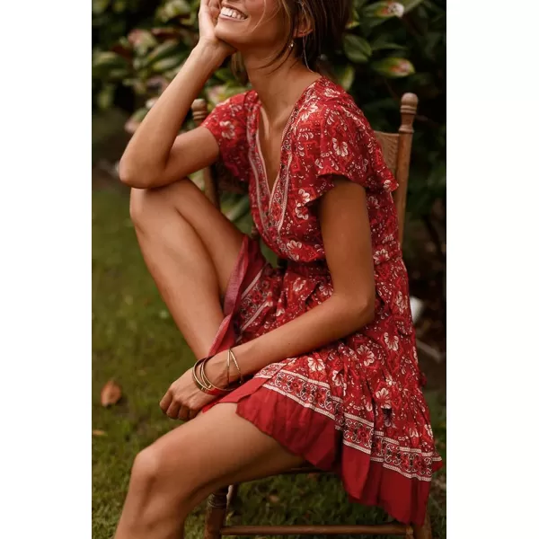 imageZESICA Womens 2023 Summer Wrap V Neck Bohemian Floral Print Ruffle Swing A Line Beach Mini DressRed2