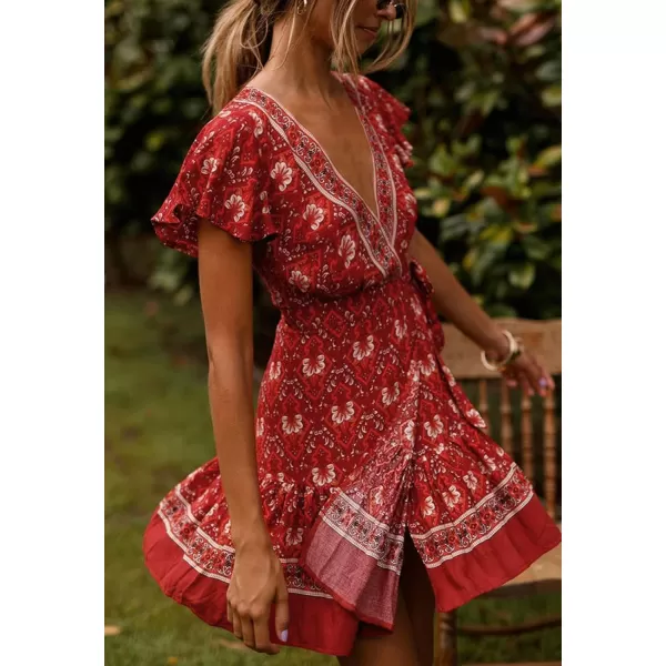 imageZESICA Womens 2023 Summer Wrap V Neck Bohemian Floral Print Ruffle Swing A Line Beach Mini DressRed2
