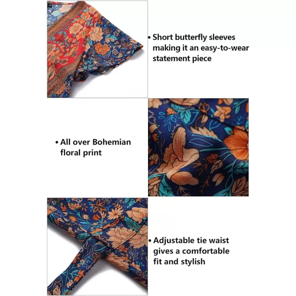 imageZESICA Womens 2023 Summer Wrap V Neck Bohemian Floral Print Ruffle Swing A Line Beach Mini DressRoyal Blue