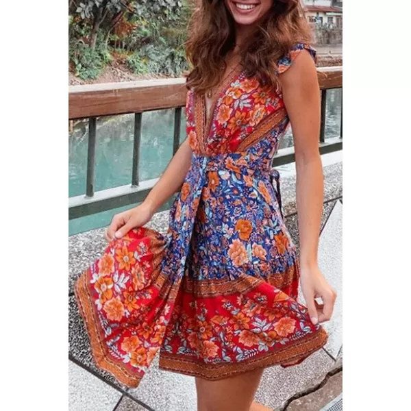 imageZESICA Womens 2023 Summer Wrap V Neck Bohemian Floral Print Ruffle Swing A Line Beach Mini DressRoyal Blue