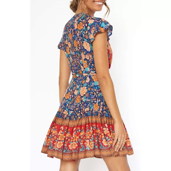 imageZESICA Womens 2023 Summer Wrap V Neck Bohemian Floral Print Ruffle Swing A Line Beach Mini DressRoyal Blue