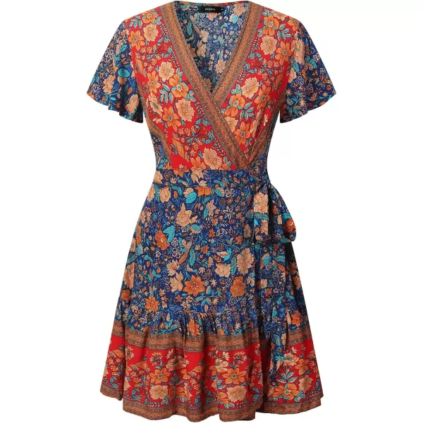 imageZESICA Womens 2023 Summer Wrap V Neck Bohemian Floral Print Ruffle Swing A Line Beach Mini DressRoyal Blue