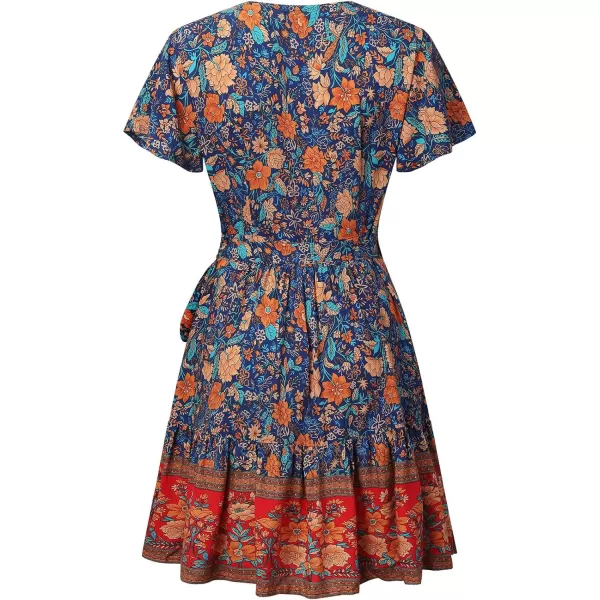 imageZESICA Womens 2023 Summer Wrap V Neck Bohemian Floral Print Ruffle Swing A Line Beach Mini DressRoyal Blue