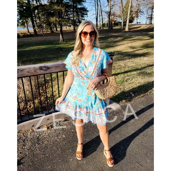 imageZESICA Womens 2023 Summer Wrap V Neck Bohemian Floral Print Ruffle Swing A Line Beach Mini DressSkyblue