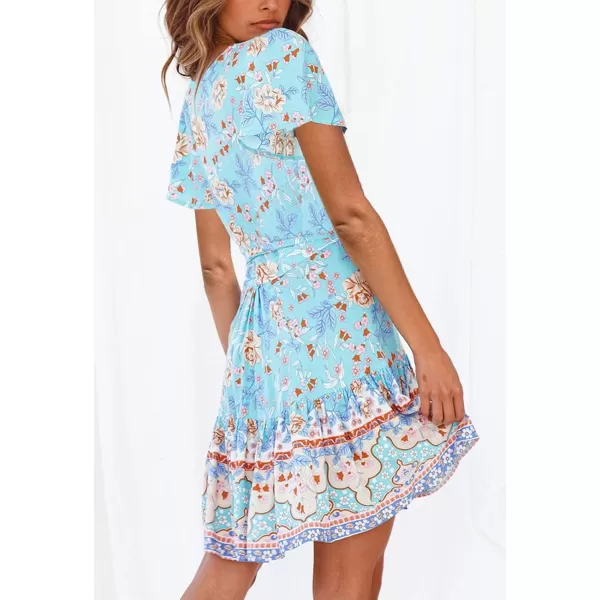 imageZESICA Womens 2023 Summer Wrap V Neck Bohemian Floral Print Ruffle Swing A Line Beach Mini DressSkyblue