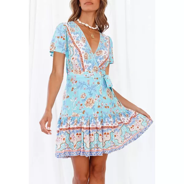 imageZESICA Womens 2023 Summer Wrap V Neck Bohemian Floral Print Ruffle Swing A Line Beach Mini DressSkyblue