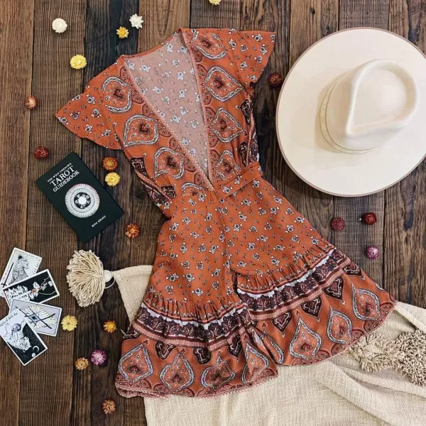imageZESICA Womens 2023 Summer Wrap V Neck Bohemian Floral Print Ruffle Swing A Line Beach Mini DressTangerine
