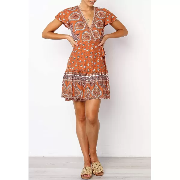 imageZESICA Womens 2023 Summer Wrap V Neck Bohemian Floral Print Ruffle Swing A Line Beach Mini DressTangerine
