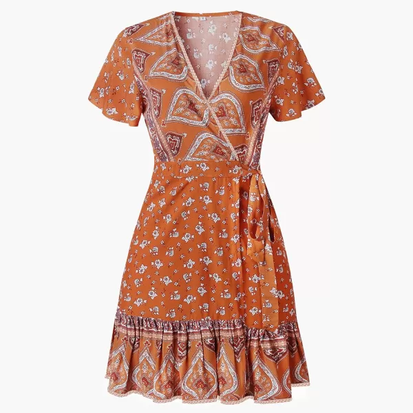 imageZESICA Womens 2023 Summer Wrap V Neck Bohemian Floral Print Ruffle Swing A Line Beach Mini DressTangerine