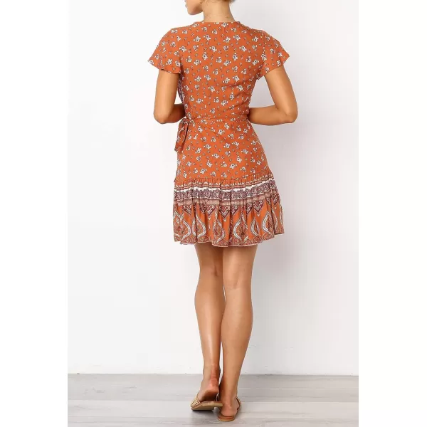 imageZESICA Womens 2023 Summer Wrap V Neck Bohemian Floral Print Ruffle Swing A Line Beach Mini DressTangerine