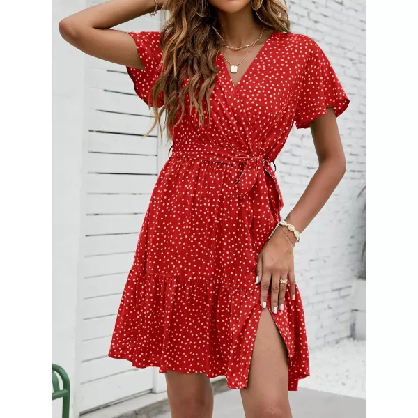 imageZESICA Womens 2023 Summer Wrap V Neck Bohemian Floral Print Ruffle Swing A Line Beach Mini DressTomato