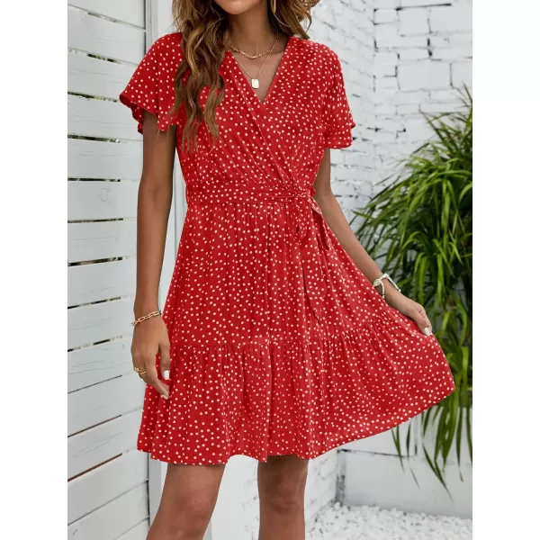 imageZESICA Womens 2023 Summer Wrap V Neck Bohemian Floral Print Ruffle Swing A Line Beach Mini DressTomato