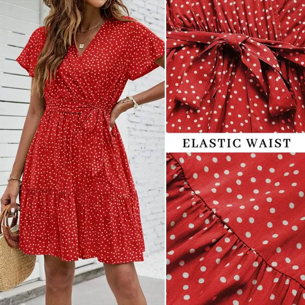 imageZESICA Womens 2023 Summer Wrap V Neck Bohemian Floral Print Ruffle Swing A Line Beach Mini DressTomato