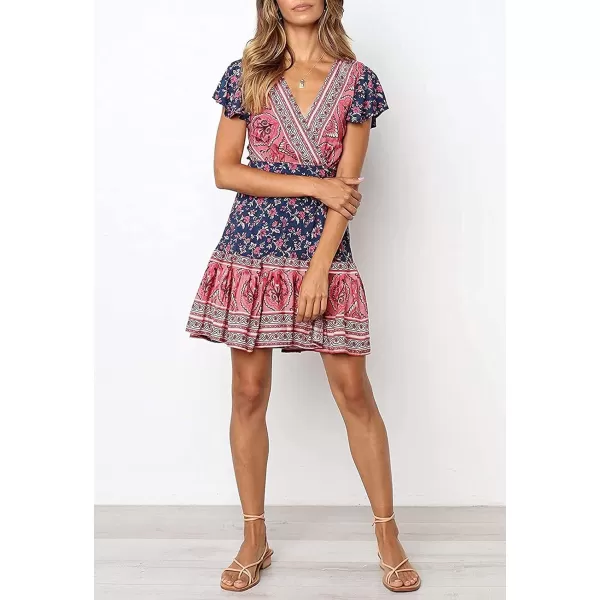 imageZESICA Womens 2023 Summer Wrap V Neck Bohemian Floral Print Ruffle Swing A Line Beach Mini DressTwilightblue