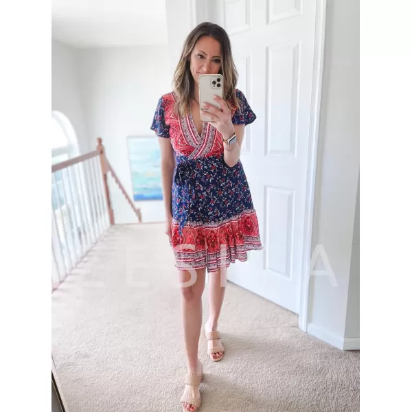 imageZESICA Womens 2023 Summer Wrap V Neck Bohemian Floral Print Ruffle Swing A Line Beach Mini DressTwilightblue