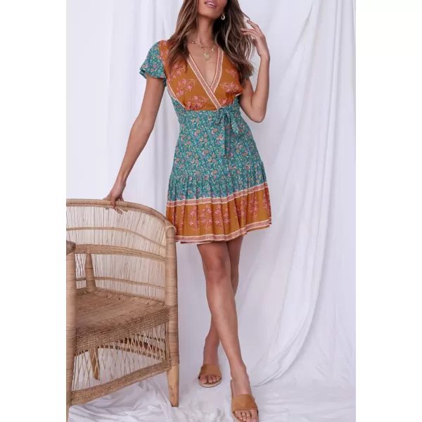 imageZESICA Womens 2023 Summer Wrap V Neck Bohemian Floral Print Ruffle Swing A Line Beach Mini DressVintagegreen