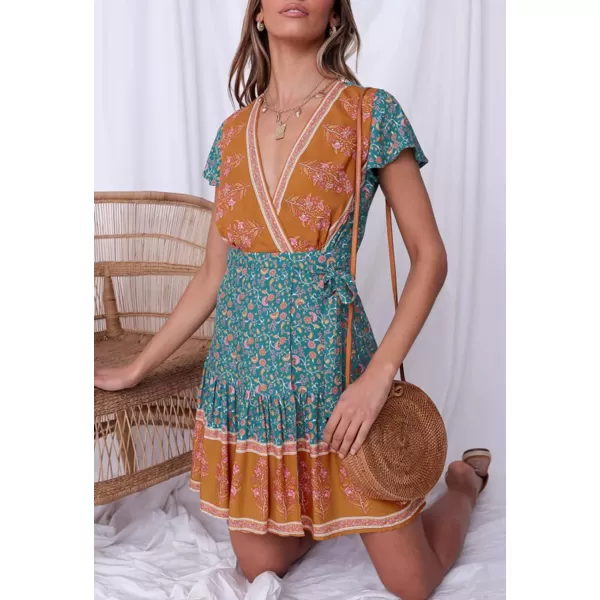 imageZESICA Womens 2023 Summer Wrap V Neck Bohemian Floral Print Ruffle Swing A Line Beach Mini DressVintagegreen