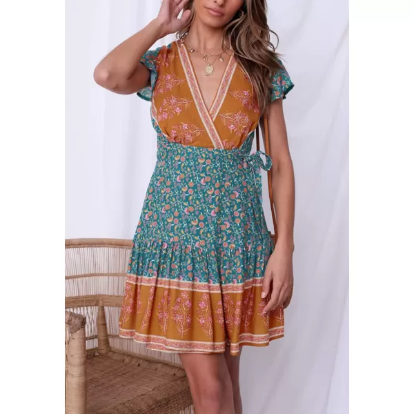 imageZESICA Womens 2023 Summer Wrap V Neck Bohemian Floral Print Ruffle Swing A Line Beach Mini DressVintagegreen