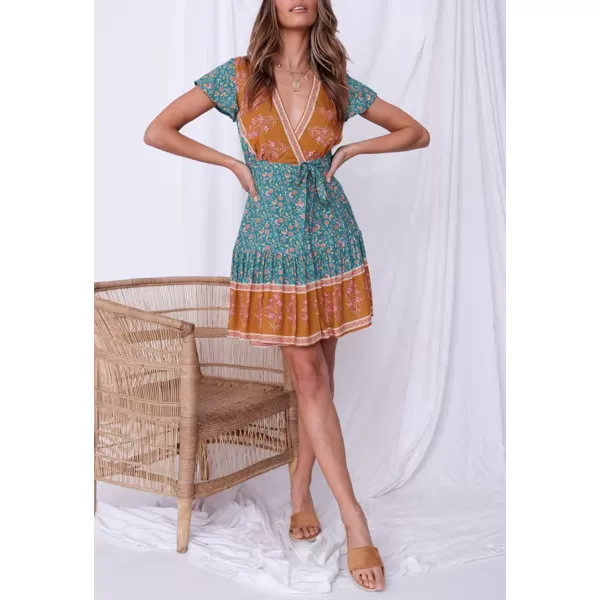 imageZESICA Womens 2023 Summer Wrap V Neck Bohemian Floral Print Ruffle Swing A Line Beach Mini DressVintagegreen