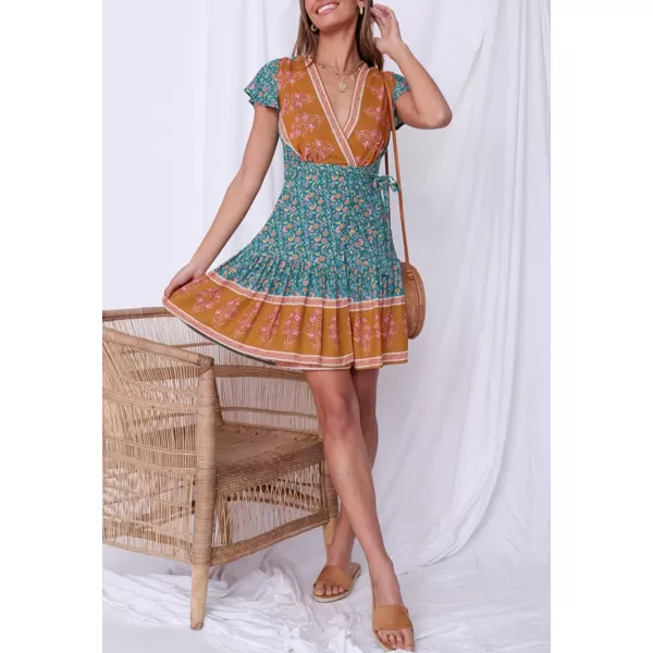 imageZESICA Womens 2023 Summer Wrap V Neck Bohemian Floral Print Ruffle Swing A Line Beach Mini DressVintagegreen