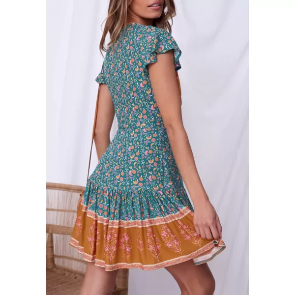 imageZESICA Womens 2023 Summer Wrap V Neck Bohemian Floral Print Ruffle Swing A Line Beach Mini DressVintagegreen