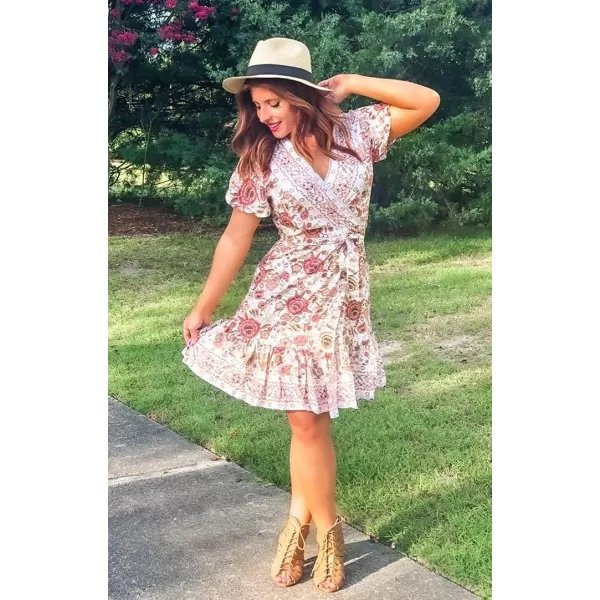 imageZESICA Womens 2023 Summer Wrap V Neck Bohemian Floral Print Ruffle Swing A Line Beach Mini DressWhite