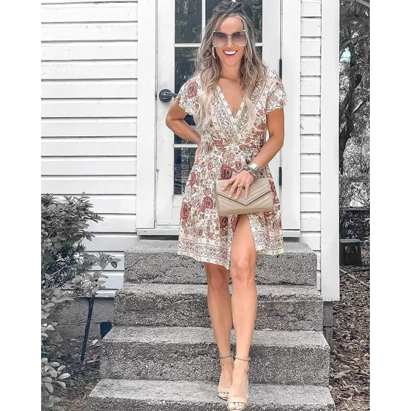 imageZESICA Womens 2023 Summer Wrap V Neck Bohemian Floral Print Ruffle Swing A Line Beach Mini DressWhite