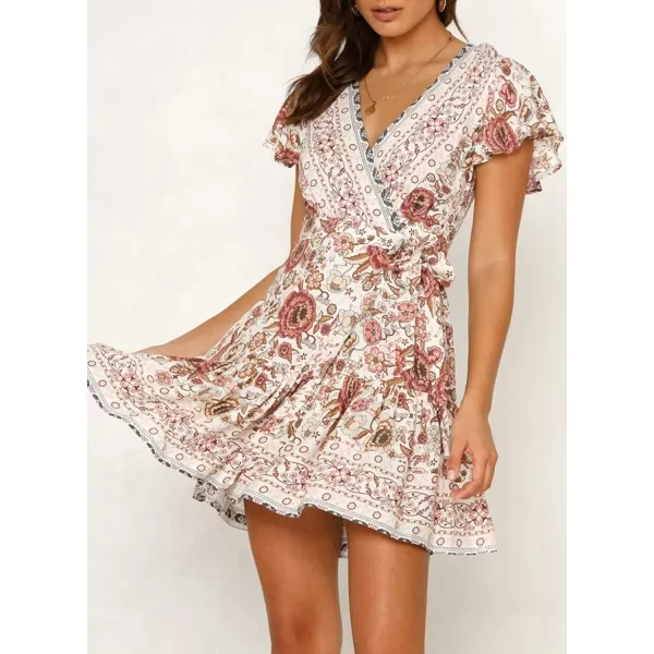 imageZESICA Womens 2023 Summer Wrap V Neck Bohemian Floral Print Ruffle Swing A Line Beach Mini DressWhite