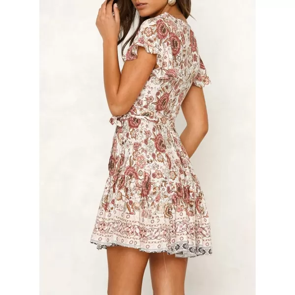 imageZESICA Womens 2023 Summer Wrap V Neck Bohemian Floral Print Ruffle Swing A Line Beach Mini DressWhite