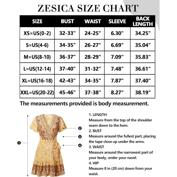 imageZESICA Womens 2023 Summer Wrap V Neck Bohemian Floral Print Ruffle Swing A Line Beach Mini DressYellow